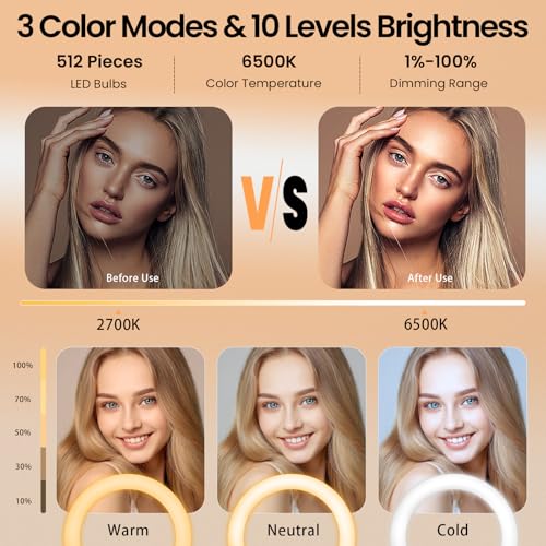 18" Foldable Ring Light with Stand for iPhone ipad, LED Display/2 USB Ports/4 Phone Tablet Holders, 2700-6500K Dimmable Ring Light for Tattoo Barber Makeup Studio Video Recording Photography