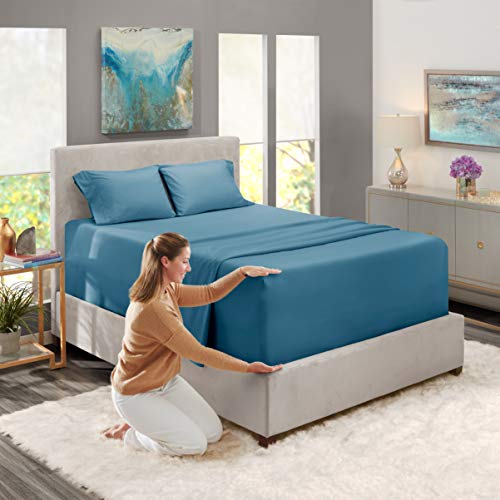 Image of Nestl Queen Bed Sheet Set - Blue Heaven - 4-Piece Extra Deep Pocket | Instantly Soft, Night-One Ready (No Wash Required). Fits Extra Deep Pockets up to 24 Inches, 360-Degree Elastic Grip