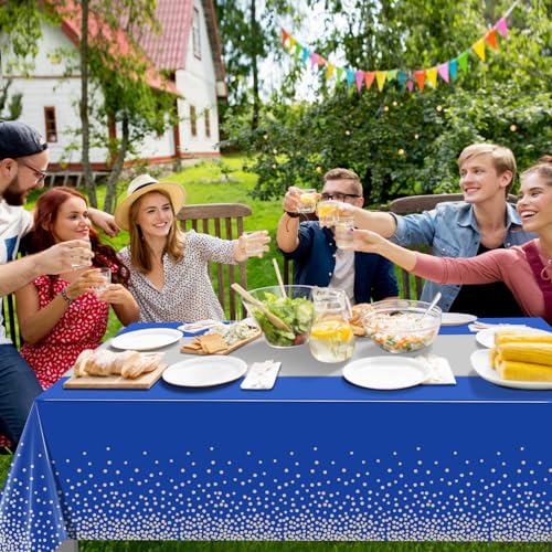 Image of 3Pcs Blue and Silver Tablecloth Party Decorations,Plastic Royal Blue Table Cloth Printed Silver Table Runner Disposable Rectangle Tables Cover for Anniversary Wedding Graduation 2025 Party,54x108 Inch