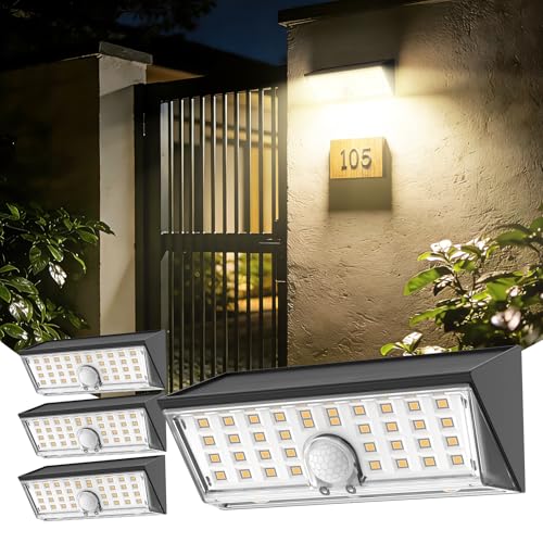 Smiling Shark ソーラーライト WL06-L【パワーアップ版・高輝度500LM・より広い範囲照射】高感度センサーライト 屋外照明 高効率太陽光発電 4モード調光 両面発光 自動点灯/消灯 省エネ 1200mA大容量バッテリー 長持ち電池 IP65防水 防犯ライト 玄関灯 取り付け簡単 壁掛け ガーデン・廊下・庭・玄関・駐車場・応急/防災対応（暖光・4個セット）