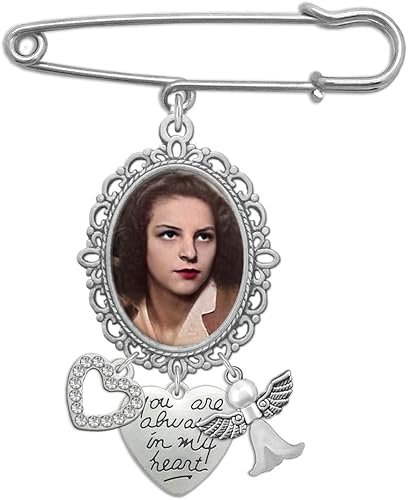 Memory Charm for Wedding Bouquet Memorial Photo Pin Brooch Remembrance Charm for Bride with Rhinestone Heart Guardian Angel and Always in My Heart