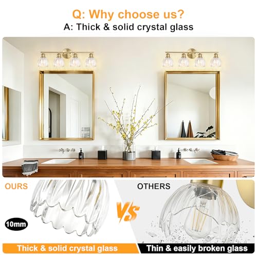 Image of Bathroom Light Fixtures, 4-Light Brushed Gold Vanity Lights for Bathroom with Clear Tulip Glass Shade, 26 inch Vintage Bathroom Vanity Lighting Fixtures Over Mirror for Bedroom Living Room Hallway
