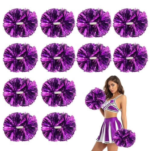 12 Pcs Purple Metallic Cheerleading Pom Poms, 12Inch Cheerleader Pompoms with Baton Handle, Cheerleading Flower Ball for School Team Sports Games Dance Cheering Cheer Pom Poms for Kids Adults