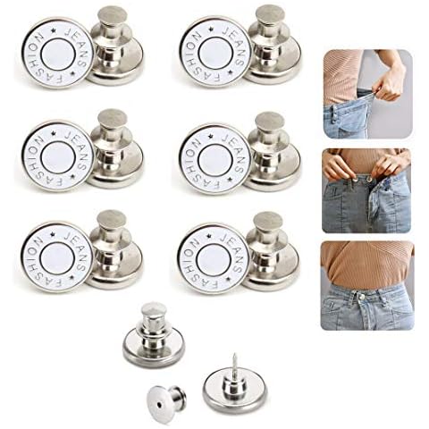 6PCS Perfect Fit Instant Button Pin, Instant jeans Buttons tightener, Jean Replacement Buttons Removable Button for loose jeans No Sew Buttons to Extend or Reduce an Inch to Any Pants Waist in Seconds Cover