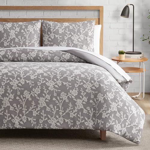 Lucky Brand Fiora Floral Grey Duvet Cover Set - King Size - 3 Piece Luxurious Bedding Ensemble