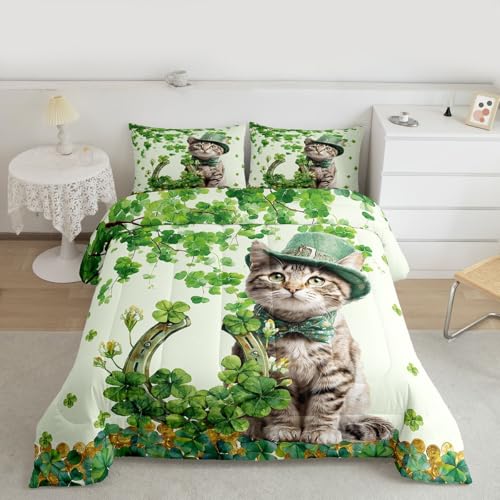 Manfei Cute Cat Comforter Set Queen Size,Green Lucky Clover