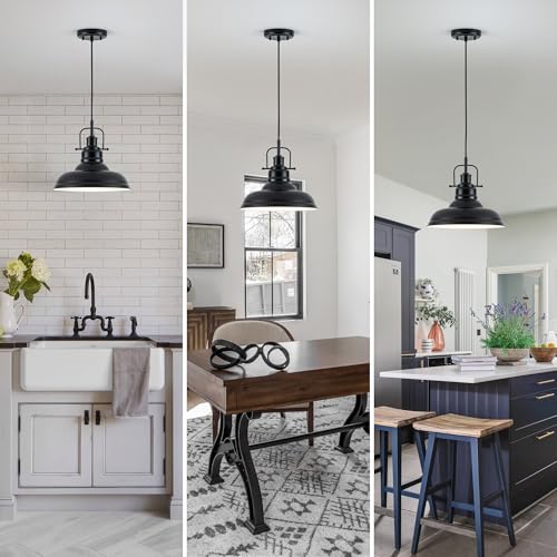 Image of Zlepmlla Famrhouse Pendant Light, Black Pendant Light Fixture with Metal Dome Shade, Adjustable Height Hanging Light for Kitchen Island, Living Room, Bedroom