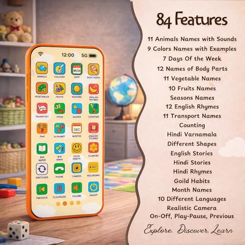 Image of Wishkey Edu Phone for Kids 2.0 Princess Theme 28 Functions 84 Features Rechargeable USB Cable Not Included Toddler Learning Mobile Toy with Multi-Language 10 Indian Languages for Boys Girls Age 2+