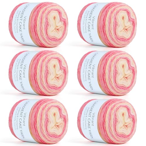 Image of Aeelike Gradient Yarn, 6 Skeins Ombre Fairyland Yarn for Crocheting 100g (3.52 oz) 245m (267 Yards) # 3 Light Weight, Vibrant Cake Yarns for Making Colorful Blanket Scarves Hat, Pink Yellow Gradient