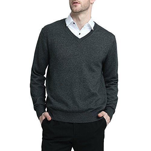 Kallspin Men’s Cashmere Wool Blend Relax Fit V Neck Pullover Sweater (Charcoal, 2X-Large)