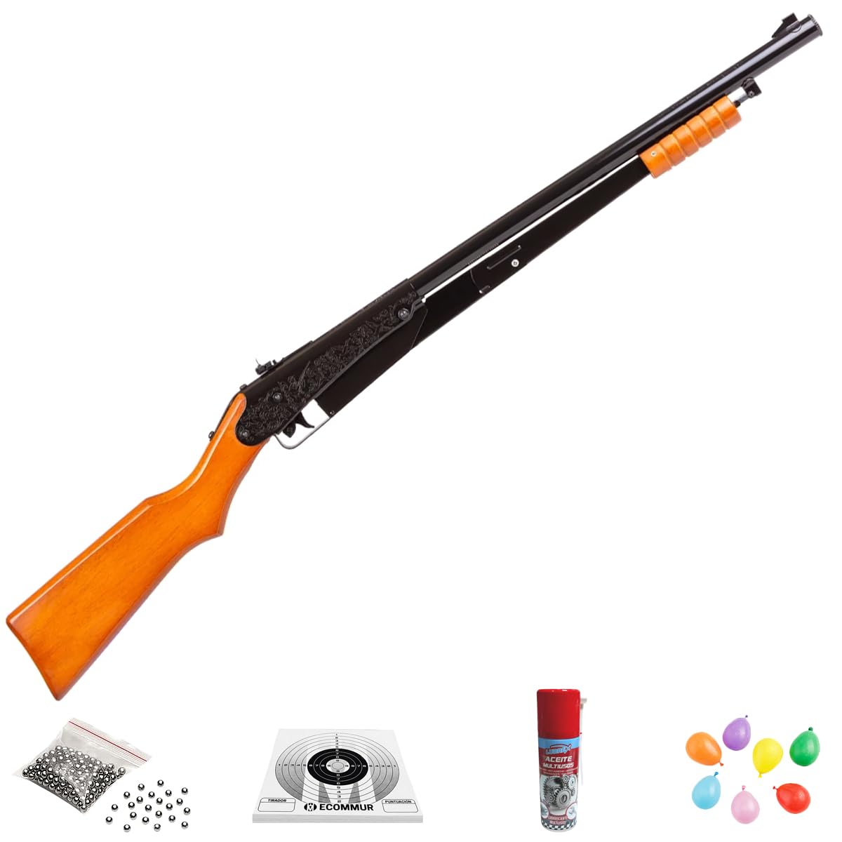 Mega Pack: Carabina Daisy 25 Pump Gun Muelle | Incluye: Escopeta de Aire comprimido + Aceite lubrex + 20 dianas + Bolsa Globos + 500 balines bb's Acero