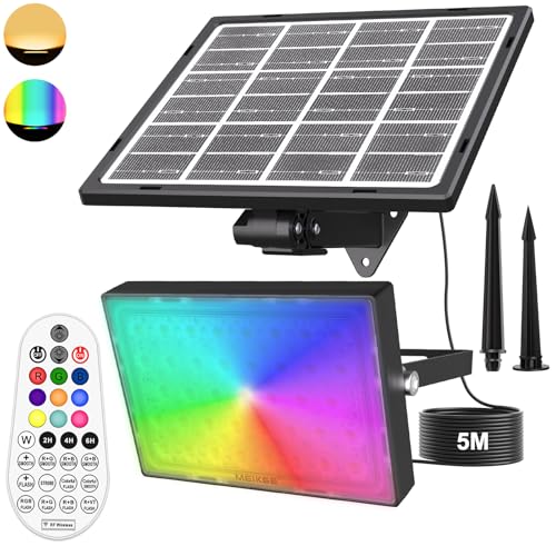 MEIKEE Projecteur Solaire Exterieur RGB 30W, Spot Led Solaire de 10 Couleurs, 12 Modes, 6 Luminosité, 6 Vitesse, IP66 Lampe Solaire RVB avec Télécommande...
