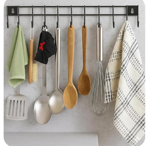 Image of 12 Hooks Wall Mounted Kitchen Utensil Hanger Rack | Heavy Duty Metal Storage Holder for Cooking Tools, Pans & Accessories | Space Saving Organizer for Kitchen & Bathroom (Black, 3 Pc)