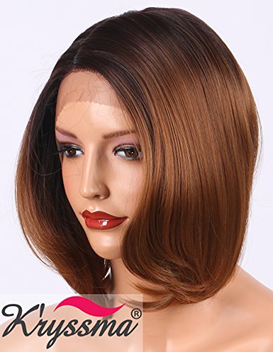 K’ryssma Short Bob Lace Front Wigs for Women L Part Ombre Brown Synthetic Wig with Deep Side Parting Half Hand Tied Replacement Hair Wigs + Free Wig Caps
