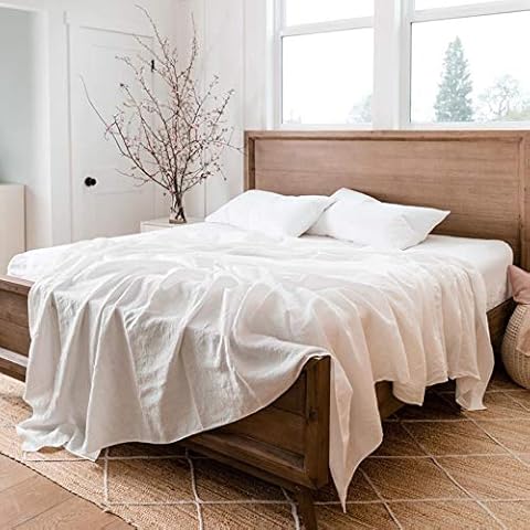 BISELINA Linen Sheet French Flax Flat Sheet Only 55% Euro Linen 45% Cotton Basic Style Solid Color Soft Breathable Farmhouse Top Sheet 1-Piece (Twin, White) Cover
