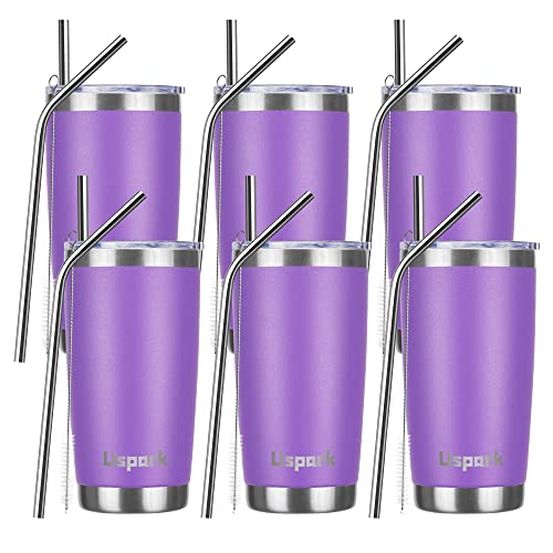 UsparkMC 20oz Tumbler Bulk Stainless Steel Cups with Lid and Straw, Double Wall Vacuum Insulated Travel Cups, Thermal Coffee Mug for Cold & Hot Drinks(Purple, 6 Pack)