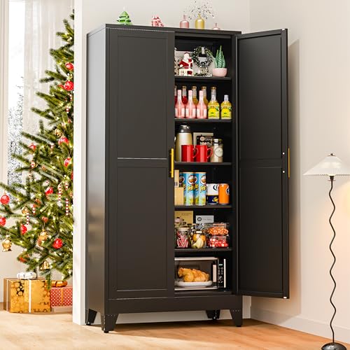 Image of winiowa Tall Metal Kitchen Pantry Storage Cabinet with 2 Doors and 5 Adjustable Shelves - 75.2 inch Kitchen Cabinet with Gold Handles for Kitchen, Bathroom, Dining Room, Living Room - Black