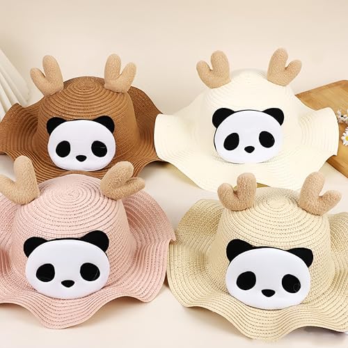 Straw Cartoon Panda Hat，Summer Beach Sunscreen Sunshade Mini Cute Party Hat for Girls Boys 2-8 Years4