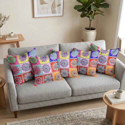 Image of Divine Casa Set of 5 Mandala Cushion Covers 16x16 Inches | Polyester Sofa Cushion Covers with Decorative Lace Border | Multicolor Designer Cushion Covers for Couch & Living Room | Multi Pink