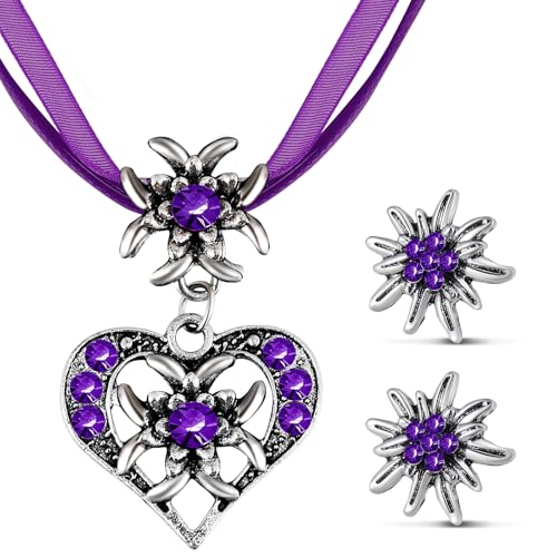Patelai 3 Stück Trachtenschmuck Set Bayerisch Dirndlschmuck Trachtenkette mit Strass Edelweiß Herz Anhänger und Edelweiß Ohrstecker für Damen Bierfest Trachten Dirndl Outfit...
