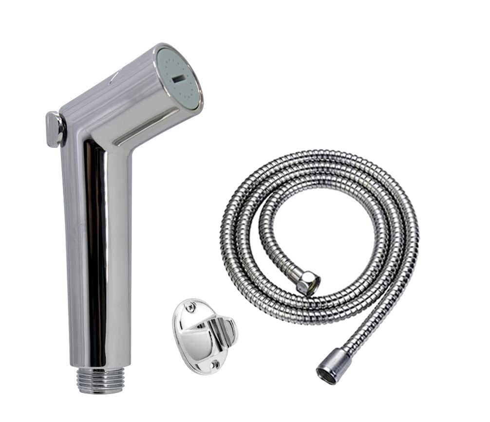 Yelk F12142SL Health Faucet ABS Chrome Finish (Inside Brass & Metal Fitting) & Chrome Wall Hook with SS-304 Grade Flexible 1.16 Meter Hose Pipe Tube(Tube with Brass Chrome Finish Nuts & Brass Inserts)