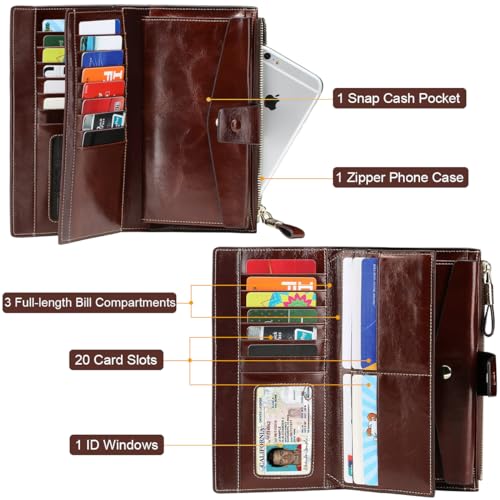 Itslife Womens Wallet RFID Blocking Large Capacity Luxury Wax Genuine Leather Wallets Clutch Wallet Ladies Card holder, Coffee3