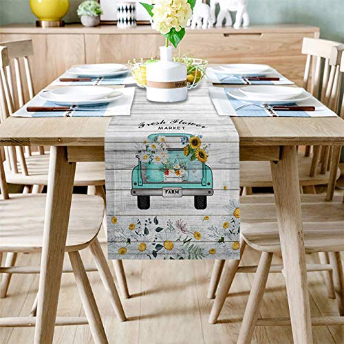 Cotton Linen Table Runners 16 X 72Inch, Farm Truck Loads Daisy Sunflowers Non-Slip Table Top Decor Bed Runners For Kitchen/Farmhouse/Hotel All Season Use, Flowers Market Retro Wood 72Inches Long #TOP1