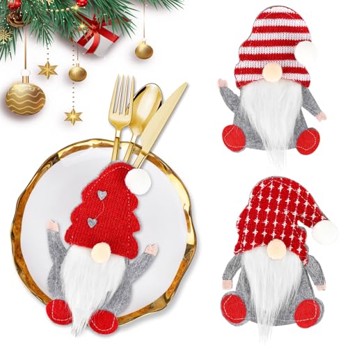 Besteckhalter Weihnachten Filz, 6 Stück Weihnachts Wichtel Bestecktasche, Rot Besteckbeutel Weihnachtsmann, Messer Gabeln Löffel Geschirr Besteck...