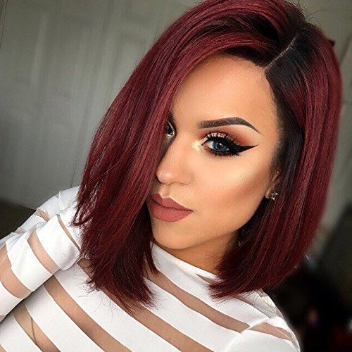 AISI HAIR Synthetic Bob Wig Ombre Short Cosplay Costume Wig Straight Burgundy Wigs for Black Women Two Tone Dark Roots Wig Heat Resistant Fiber Wig
