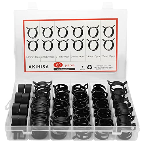 Akihisa 60 Pcs 28-33Mm Spring Hose Clamp, Spring Steel 65Mn Fuel Hose Clamp, 6 Sizes For Silicone Vacuum Fuel Oil Hose Line Clamps #TOP8