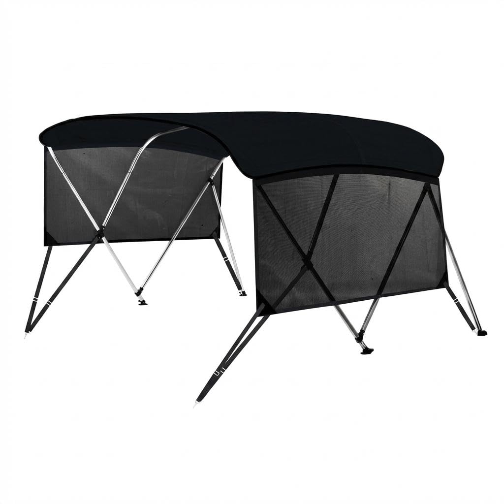 Garvee 3 Bow Bimini Top Boat Cover, Waterproof Sun Shade 600D Polyester Boat Canopy with 2.5cm Aluminum Frame, Mesh Sidewalls, Support Poles, Straps & Storage Bag 183L x 117H x 155-168W cm -Black