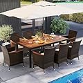 S AFSTAR Patio Dining Set for 8 with Umbrella Hole, 75”x36” Acacia Wooden Table & PE Rattan Chairs for Deck, Backyard