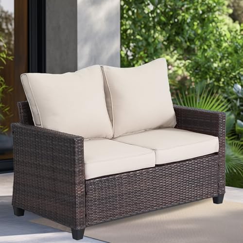 EortheX Outdoor Patio Loveseat,All-Weather Wicker Loveseat with Cushions – Rattan Outdoor 2 Person Sofa Furniture for Garden, Balcony, and Deck,Sectional Patio Love seat Sofa Set - Beige