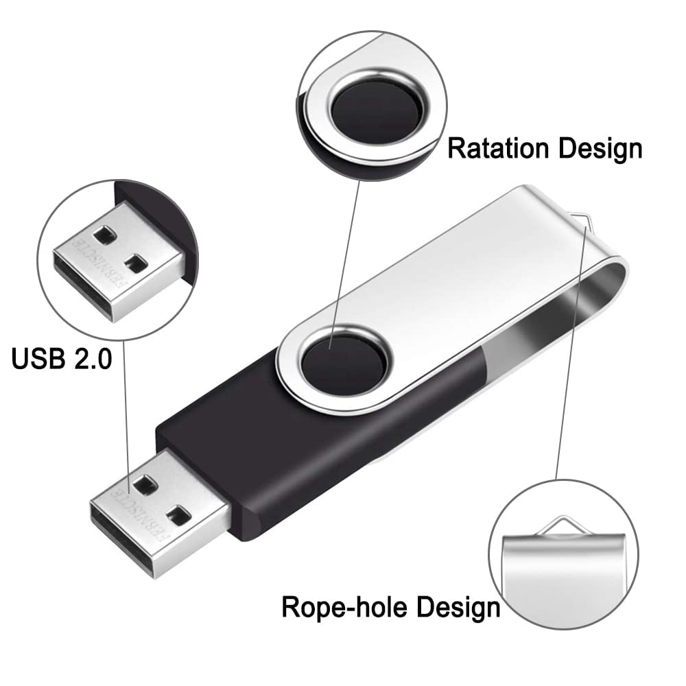 FEBNISCTE Pamięć Flash, 32 GB, opakowanie 10 sztuk, pendrive, 32 GB, pamięć USB 2.0, obrotowa, czarna, pamięć USB, do przechowywania danych, pendrive z 10 szt. wielokolorowymi przewodami