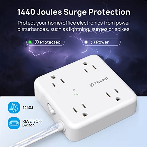 Surge Protector Power Strip, Trond 5Ft Flat Extension Cord Ultra Thin Flat Plug Charging Station With 4 Widely Space Outlets 4 Usb Ports(1 Usb C Charger), 1440 Joules, Compact & Portable For Travel #TOP4