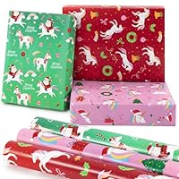 ZICOTO Beautiful Christmas Unicorn Wrapping Paper Roll Set - Cute Set of 3 Quality Rolls With Festive Designs for Girls - Add a Touch of Magic to Every Kids Gift You Wrap - 17 x 120 in