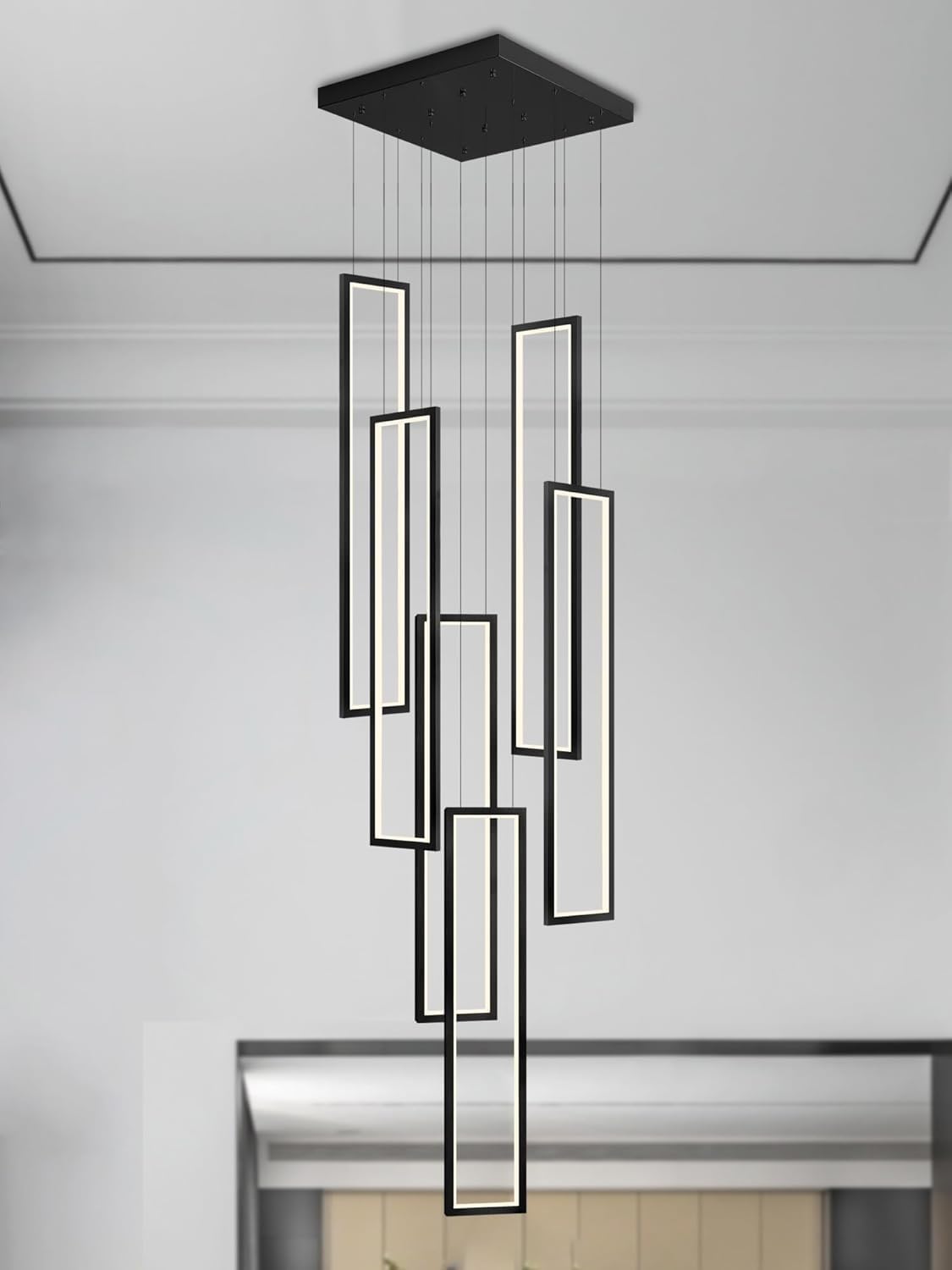 LYSDjia Modern chandelier LED indoor high ceiling Pendant Light dimmable chic rectangular large lighting fixture suitable for spiral staircase villa living room hotel restaurant with remote control(Bl