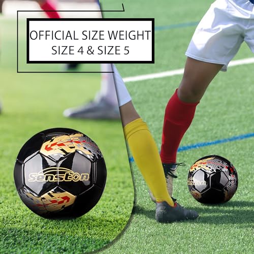 Image of Senston Soccer Ball for Kids and Adult Training Ball Black Size 5 Official Match Football Balls with Pump | Hard-wearing Durable PVC, All-Weather, Fade-resistant, Anti-deform, Good Air Retention, Easy Clean, Training Match