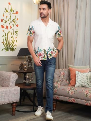Image of White Tropical Printed Half Sleeve Shirt for Men