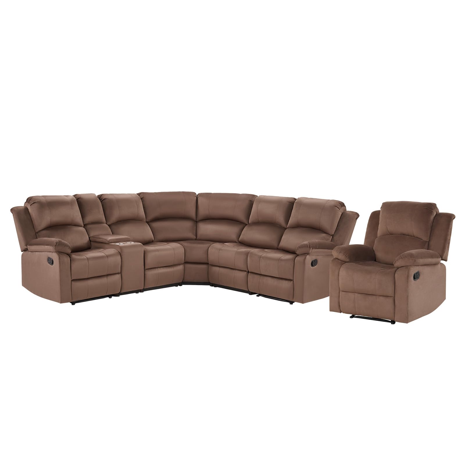 EBELLO Manual Reclining L-Shaped Sectional Sofa Set, Included Soft Microfiber Corner Couch and Recliner Chair with Center Console, Cup Holders, Recliner Sectional Couches for Living Room, Brown view 8