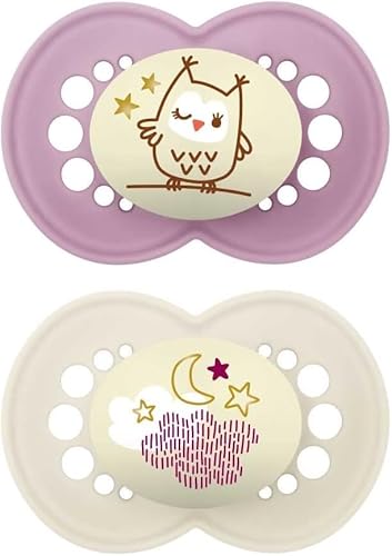 MAM Original Night Succhietto 16+ Mesi (Set da 2), Ciuccio MAM 16 36 mesi silicone e ortodontico che si illumina al buio, Kit da 2 accessori neonato con porta ciuccio sterilizzatore, Lilla/Neutro