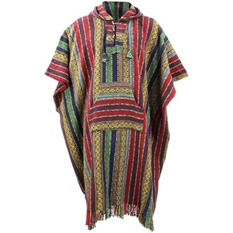 LOUDelephant 100% Woven Cotton Long Hooded Poncho - Red, Green & Navy Cover
