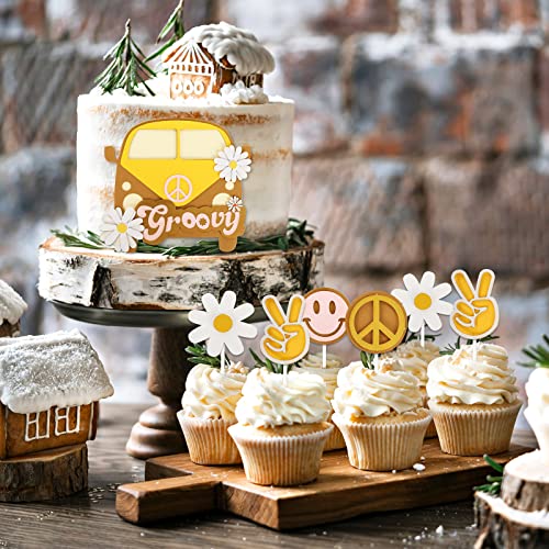Whaline 30Pcs Multi-Layer Cake Toppers Boho Groovy Retro Cupcake Toppers 3D Hippie Party Cupcake Decor Smile Daisy Flower Victory Peace Sign For Birthday Baby Shower Boho Rainbow Party Supplies #TOP4