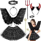 MOVINPE Black Angel and Dark Devil Halloween Costume Accessories Set, Fallen Angel Wings Halo Tutu Skirt Wand Devil Horns Headband Trident for Girls Woman Cosplay Party Accessories