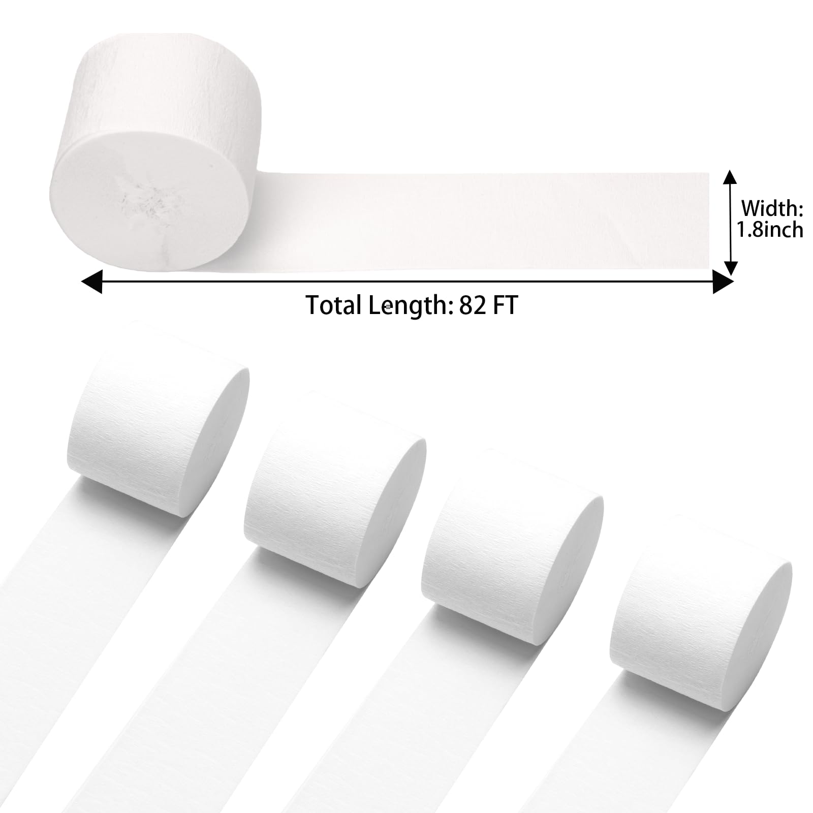 White Crepe Paper Streamers 4 Rolls 328ft, Pack of Party Streamers for Party Decorations, Crepe Paper for Birthday, Baby Shower, Wedding Party Decorations (1.8 Inch x 82 Ft/Roll)