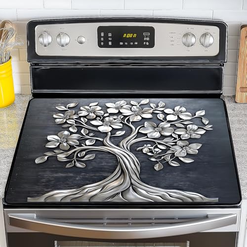 Image of NYZE Stove Cover for Electric and Glass Stove Tops 3-in-1 Stove Mat, Heat Resistant Counter Protector Mat, Non-Slip Surface & Drying Rack (Silver Tree, 28.5 inchLx20.5 inchW)