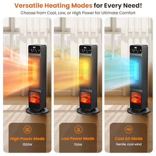 Tower Fan and Heater Combo, 1500W PTC Electric Fireplace Heater W/ 3D Flame, 70° Oscillation Space Heater Fan Combo for Indoor Use, Child Lock & Eco Mode, 12h Timer, Remote Control, Home & Office
