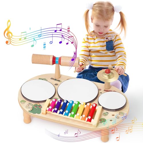 Schlagzeug Kinder, 8 In 1 Kinder Trommel Set, Musikspielzeug Musikinstrumente mit Xylophon, Holz Montessori Spielzeug für Jungen und Mädchen