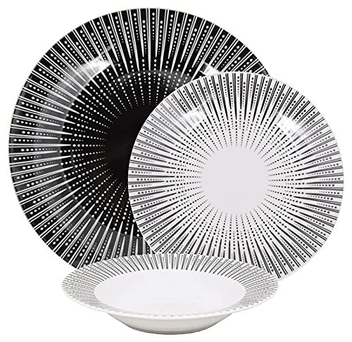 REPLOOD Vajilla de 18 piezas de porcelana fina de 6 personas, modelo Noir blanco y negro REPLOOD Vajilla de 18 piezas de porcelana fina de 6 personas, modelo Noir blanco y negro