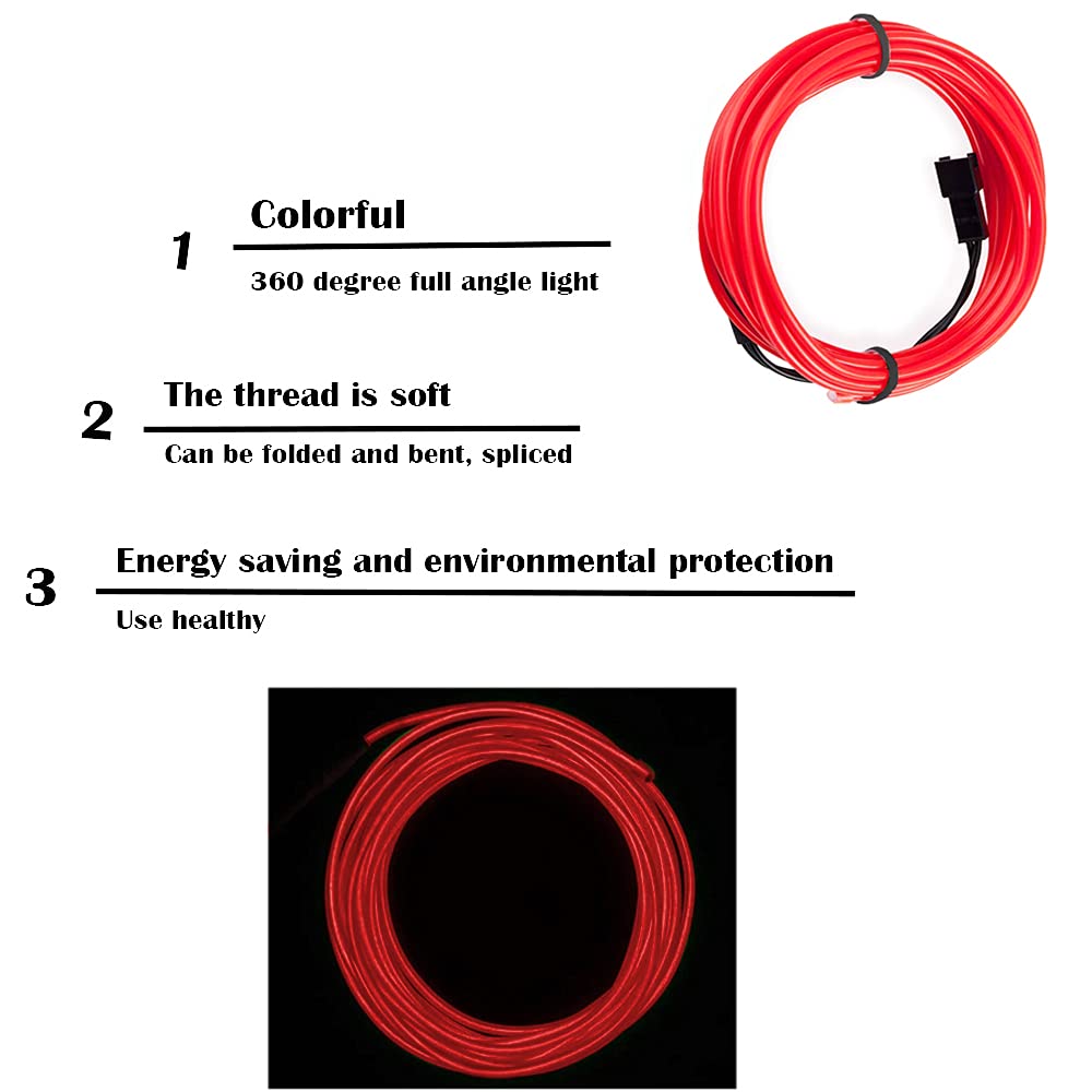 EL Wire, CTRICALVER 5M/16FT Neon Flessibile Elettroluminescente Filo, USB 5V,per seggiolino auto/Console/Porta Decorazione (rosso)
